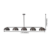 Dimensions of the Orion 72-inch 5-light linear chandelier showing overall width, height, and down rod suspension measurements.