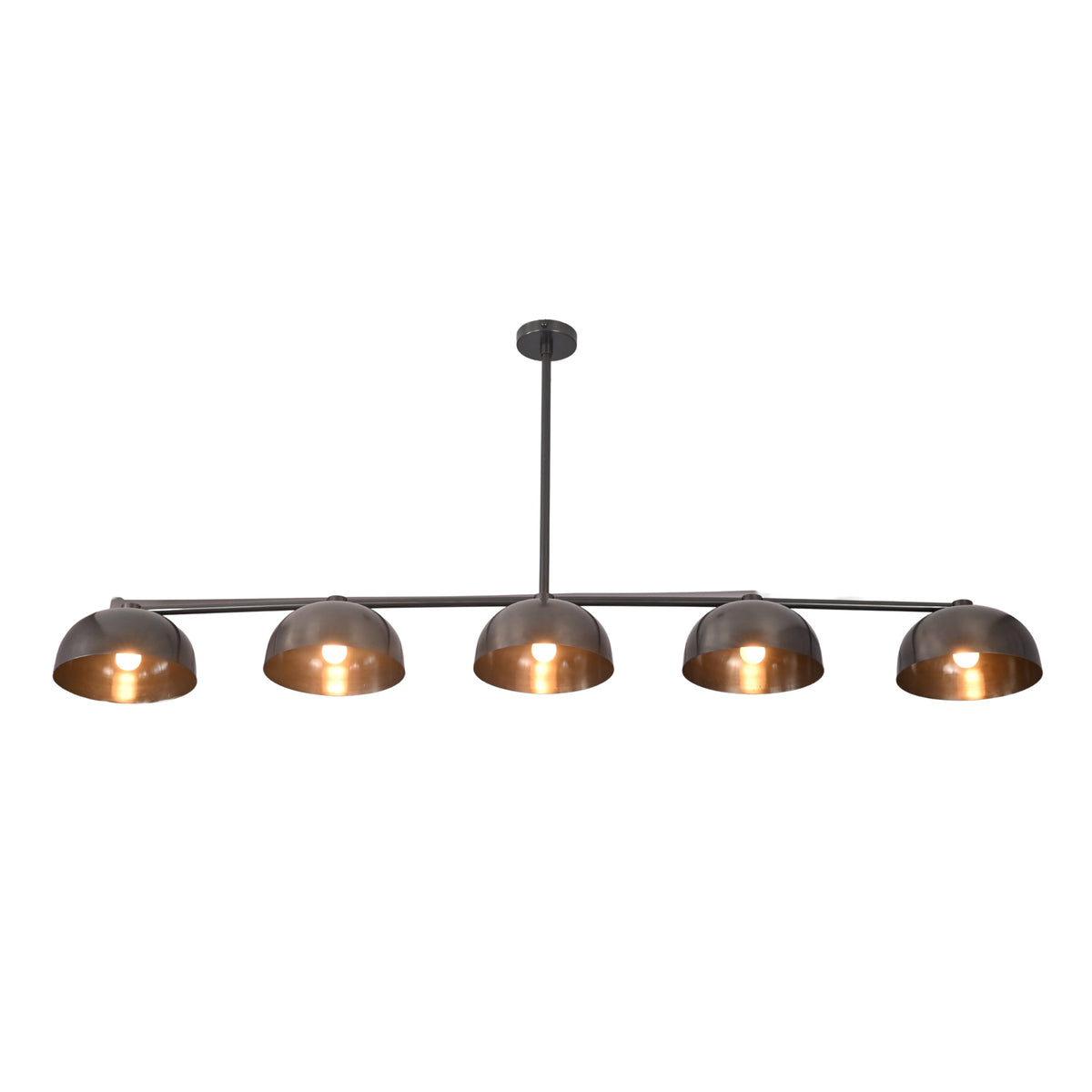 Front illuminated view of the Orion 72-inch 5-light linear dome chandelier featuring handcrafted metal shades with warm brass interiors.