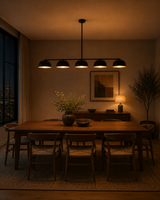 Orion 72-inch 5-light linear dome chandelier installed above a modern dining table, adding warm industrial lighting to a contemporary dining room.