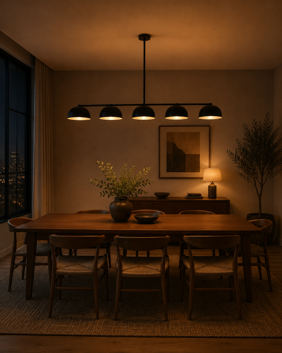Orion 72-inch 5-light linear dome chandelier installed above a modern dining table, adding warm industrial lighting to a contemporary dining room.