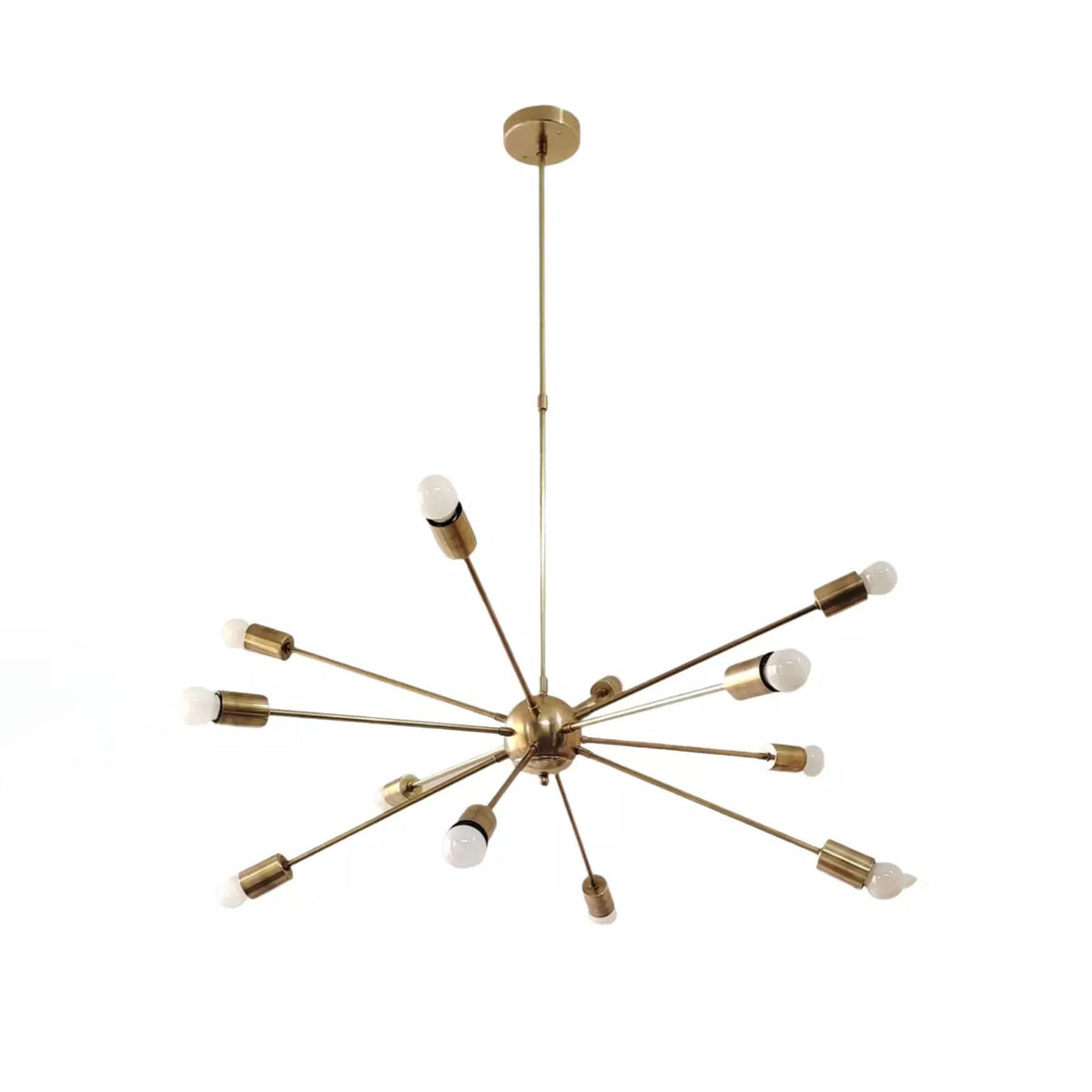 Orion 12 light brass starburst chandelier with sculptural multi-arm design, alternate front view