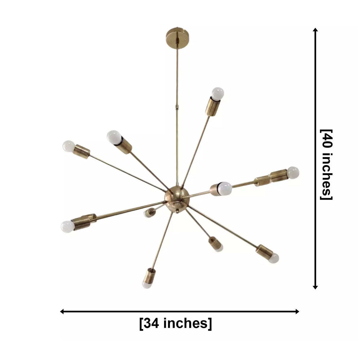 Orion 12 light Mid-Century Sputnik chandelier dimensions showing 34 inch width and 40 inch height