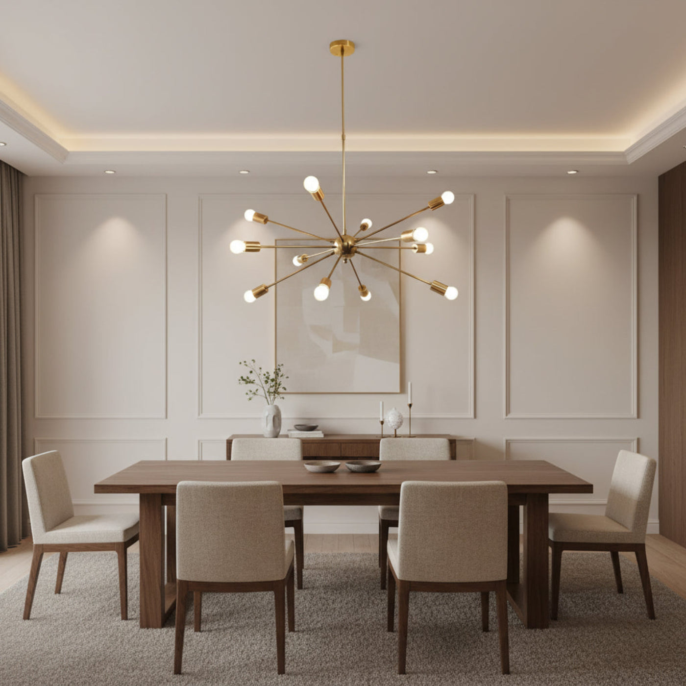 Orion 12 light Mid-Century Modern Sputnik chandelier in brass finish with illuminated exposed bulbs