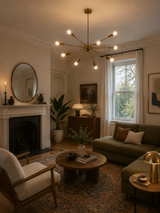 Orion 12 light brass Sputnik chandelier installed in a warm Mid-Century Modern living room interior