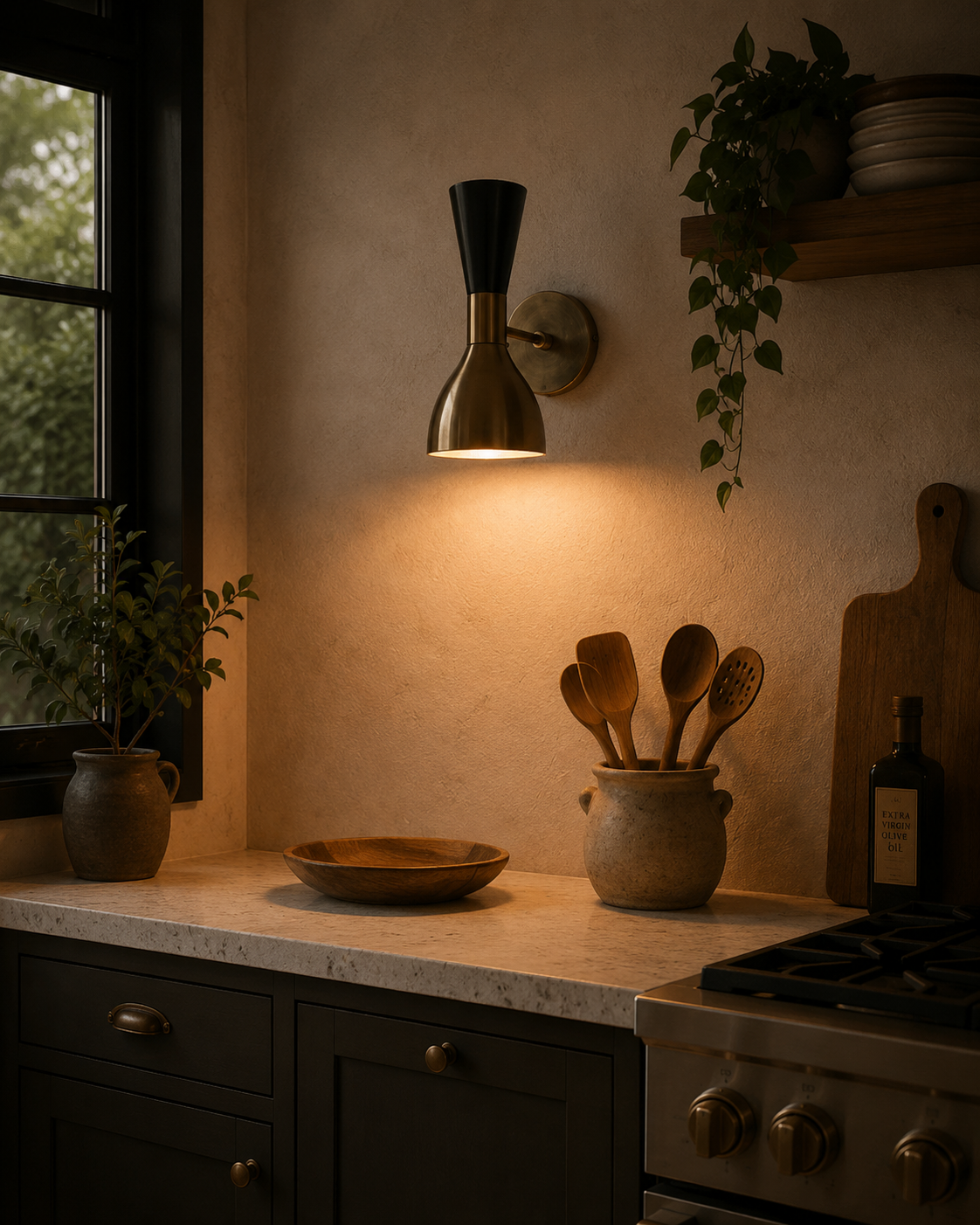 Orion Modern Dual Cone Wall Sconce installed above a modern kitchen countertop, providing warm downward accent lighting in a contemporary interior.