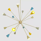 Front view of the Orion 16-Light Multicolor Sputnik Chandelier featuring handcrafted tapered cone shades in ivory, mustard yellow, and blue with a sculptural Mid-Century Modern starburst design.