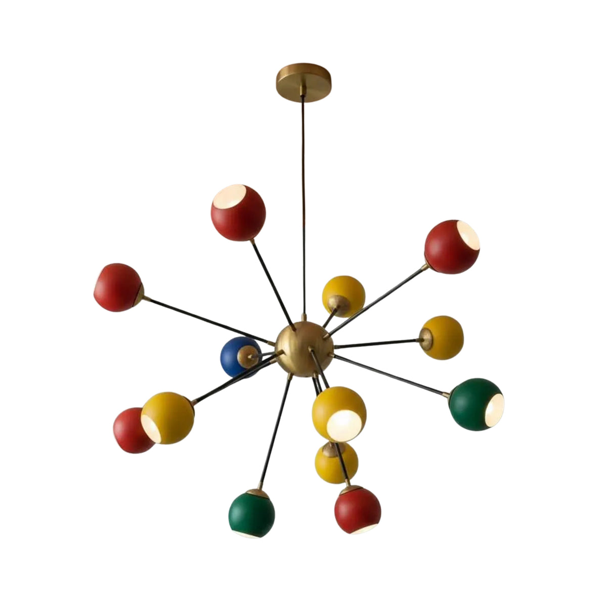 Angled front view of the Orion multicolor Sputnik chandelier with thirteen colorful globe shades and a handcrafted brass central hub.