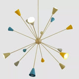 Angled view of the Orion 16-Light Multicolor Sputnik Chandelier showcasing handcrafted multicolor cone shades, premium brass construction, and a dynamic starburst silhouette.