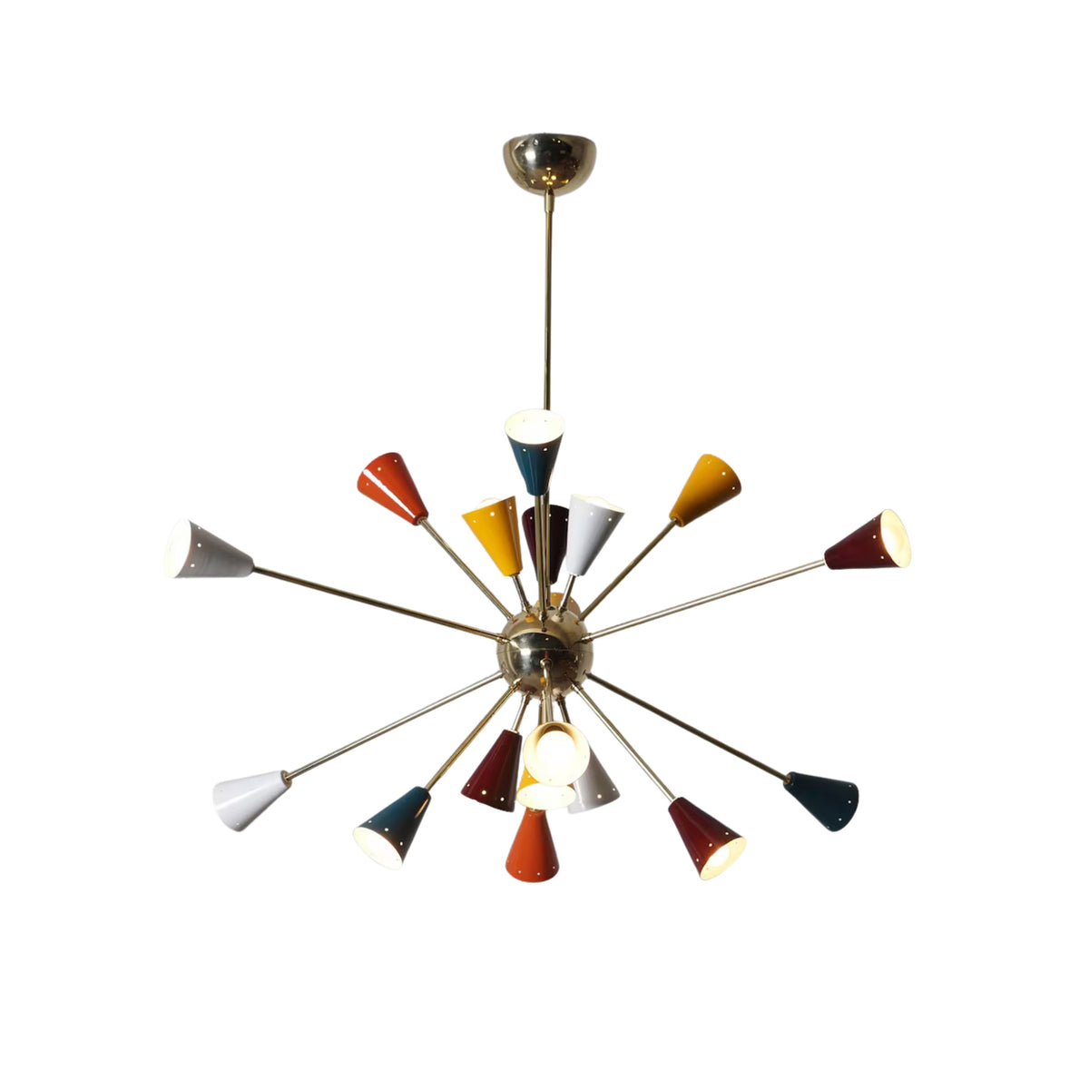 Angled view of the Orion 18-light multicolor Sputnik chandelier showcasing vibrant cone shades, polished brass construction, and iconic Mid-Century Modern starburst silhouette.