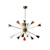Angled view of the Orion 18-light multicolor Sputnik chandelier showcasing vibrant cone shades, polished brass construction, and iconic Mid-Century Modern starburst silhouette.
