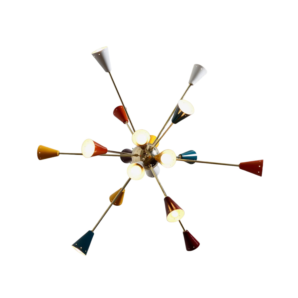 Bottom view of the Orion 18-light multicolor Sputnik chandelier highlighting the radial arrangement of colorful cone shades and polished brass central hub.