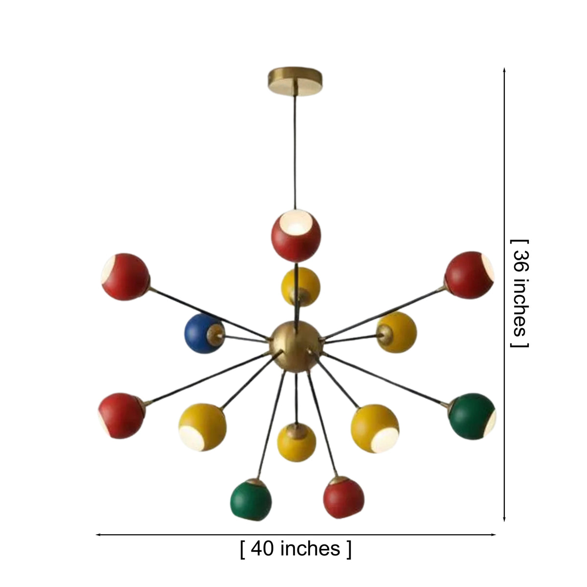 Dimension view of the Orion 13-light Sputnik chandelier showing a 40-inch width, 36-inch height, colorful globe shades, and adjustable suspension.