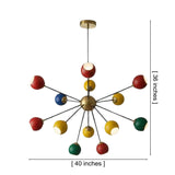 Dimension view of the Orion 13-light Sputnik chandelier showing a 40-inch width, 36-inch height, colorful globe shades, and adjustable suspension.