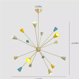 Dimensions of the Orion 16-Light Multicolor Sputnik Chandelier measuring 50 inches wide, 40 inches high, with a 6-inch ceiling canopy and adjustable down rod suspension.