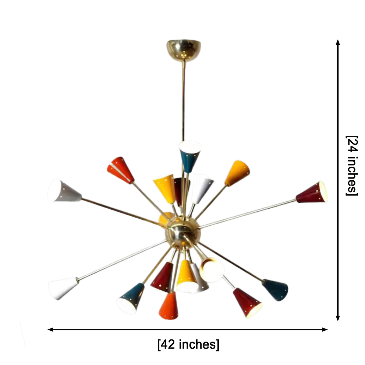 Dimension drawing of the Orion 18-light multicolor Sputnik chandelier showing 42-inch width and 24-inch adjustable hanging height.