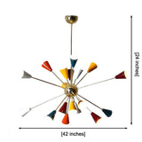 Dimension drawing of the Orion 18-light multicolor Sputnik chandelier showing 42-inch width and 24-inch adjustable hanging height.
