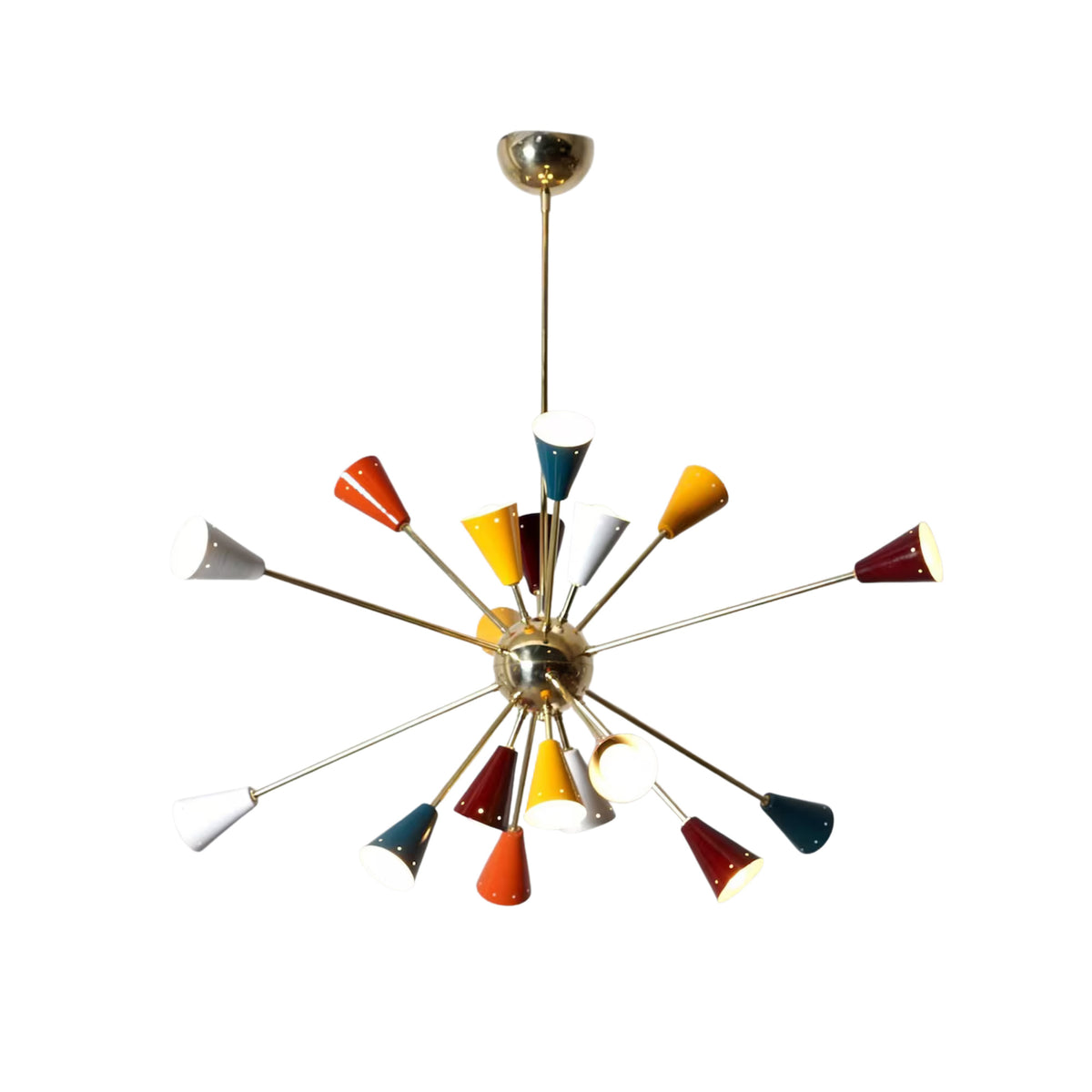 Front view of the Orion 18-light multicolor Sputnik chandelier with handcrafted colorful cone shades radiating from a polished brass center sphere.