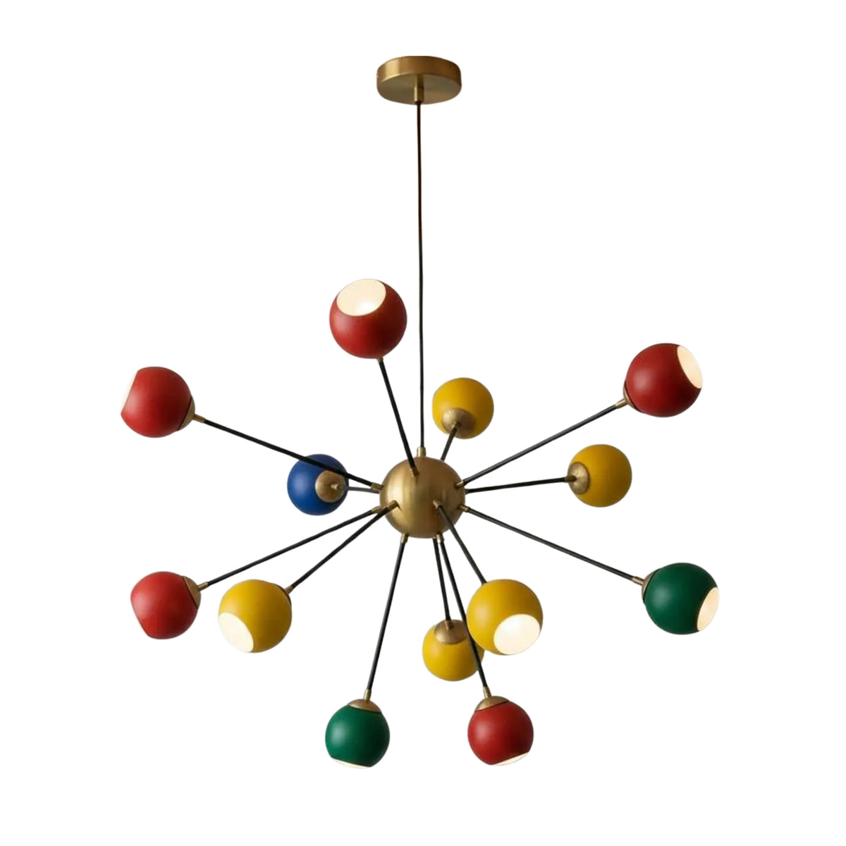 Left perspective view of the Orion 13-light Sputnik chandelier highlighting its asymmetrical radiating arms and vibrant multicolor globe shades.