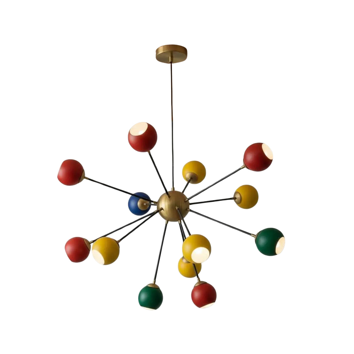 Right perspective view of the Orion multicolor Sputnik chandelier featuring colorful globe shades, brass accents, and a modern mid-century silhouette.