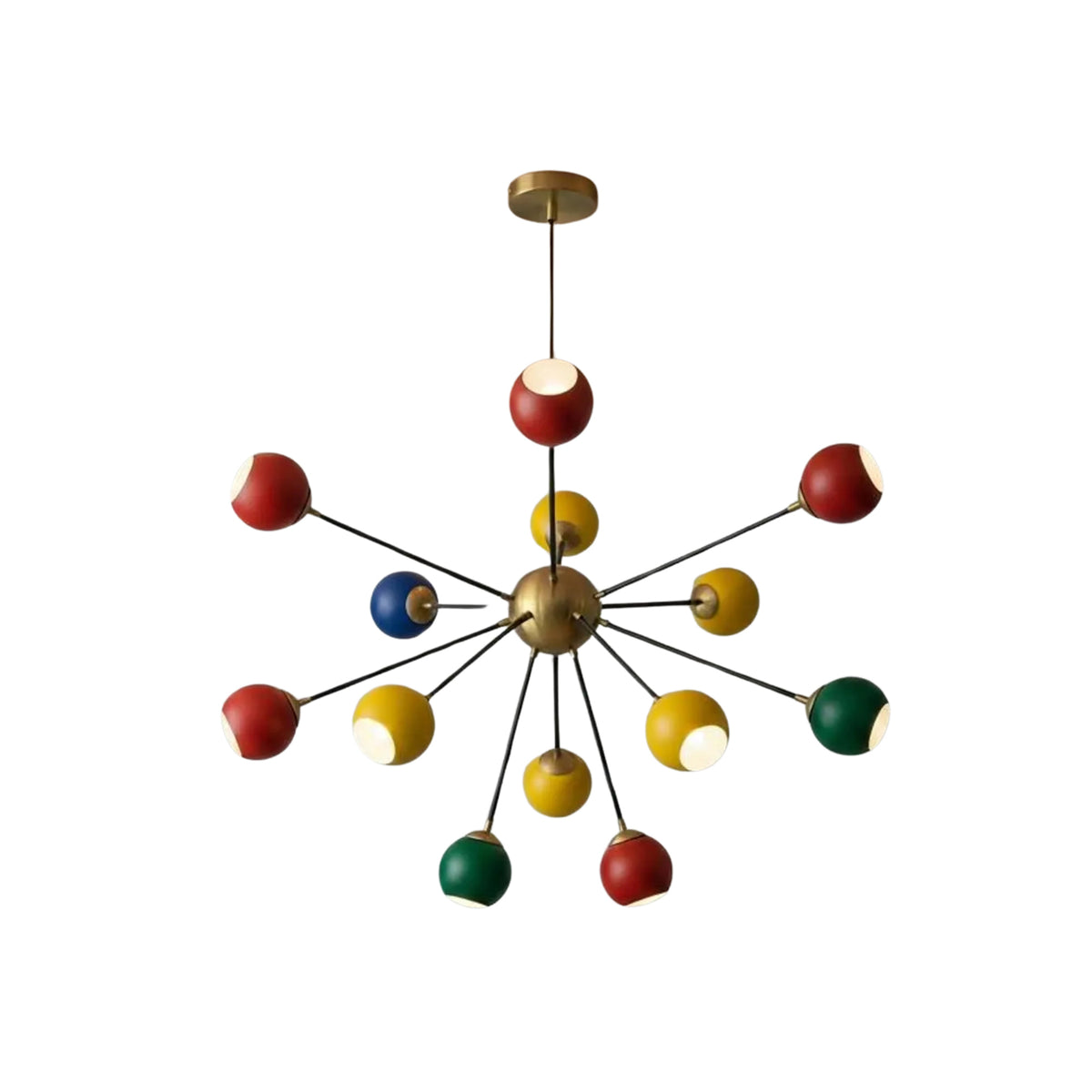 Side angle view of the Orion 13-light Sputnik chandelier with handcrafted colorful metal globe shades and an adjustable hanging rod.