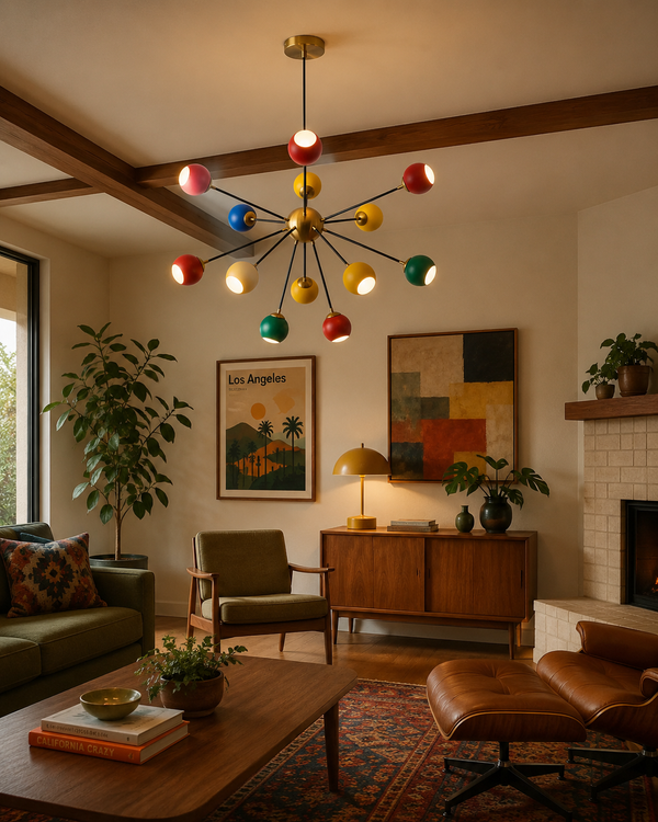 Orion multicolor 13-light Sputnik chandelier installed in a mid-century modern living room, adding vibrant decorative lighting above the seating area.