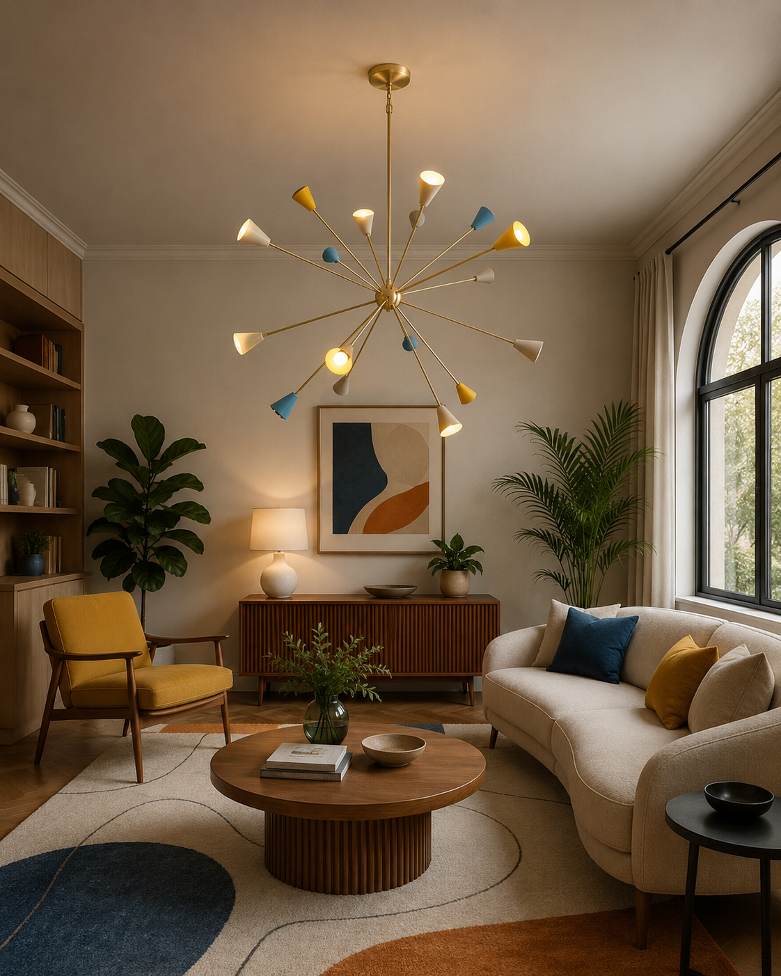 Orion 16-Light Multicolor Sputnik Chandelier installed in a contemporary living room, showcasing its colorful handcrafted cone shades and Mid-Century Modern brass starburst design as a striking focal point.