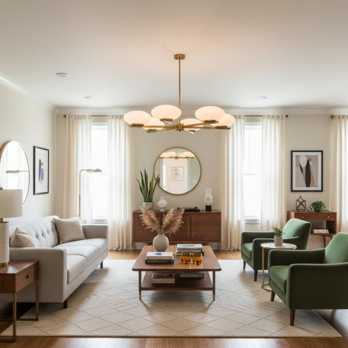 Full view of Orion 6 light chandelier featuring opal glass disc shades and sculptural brass frame.