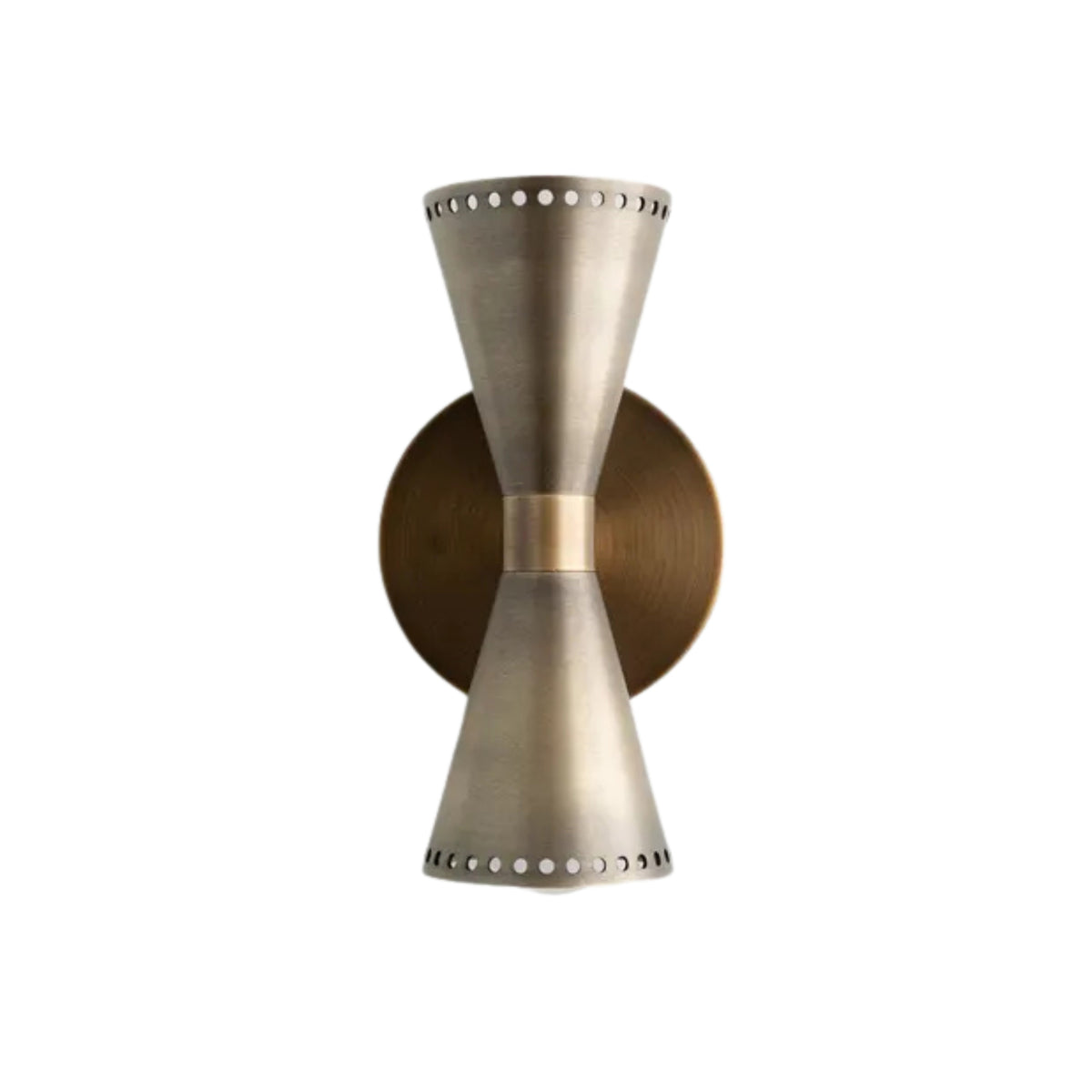 Antique brass finish of the Orion Perforated Double Cone Wall Sconce featuring perforated double cone shades and a solid brass center accent.
