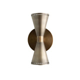 Antique brass finish of the Orion Perforated Double Cone Wall Sconce featuring perforated double cone shades and a solid brass center accent.