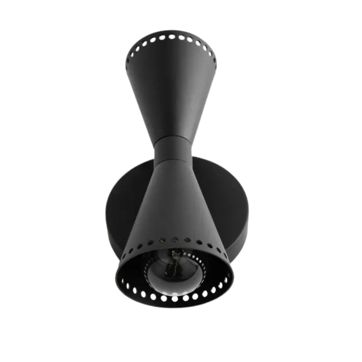 Bottom view of the Orion Perforated Double Cone Wall Sconce showing the interior bulb socket and perforated metal cone shade construction.