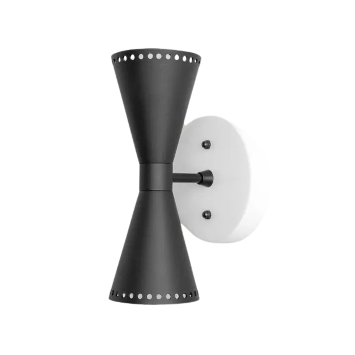 Angled perspective of the matte black Orion Perforated Double Cone Wall Sconce highlighting its clean architectural profile and perforated handcrafted shades.