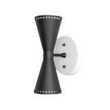 Angled perspective of the matte black Orion Perforated Double Cone Wall Sconce highlighting its clean architectural profile and perforated handcrafted shades.