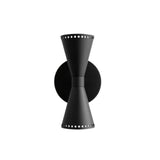 Front view of the Orion Perforated Double Cone Wall Sconce in matte black with symmetrical double cone shades and decorative perforated detailing.