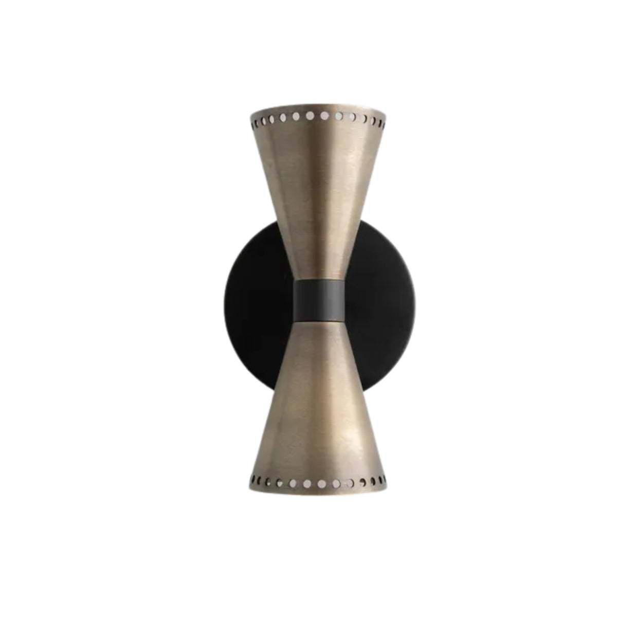 Mixed metal finish Orion Perforated Double Cone Wall Sconce with brushed brass cone shades, matte black center detail, and black round backplate.