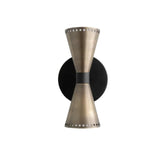 Mixed metal finish Orion Perforated Double Cone Wall Sconce with brushed brass cone shades, matte black center detail, and black round backplate.