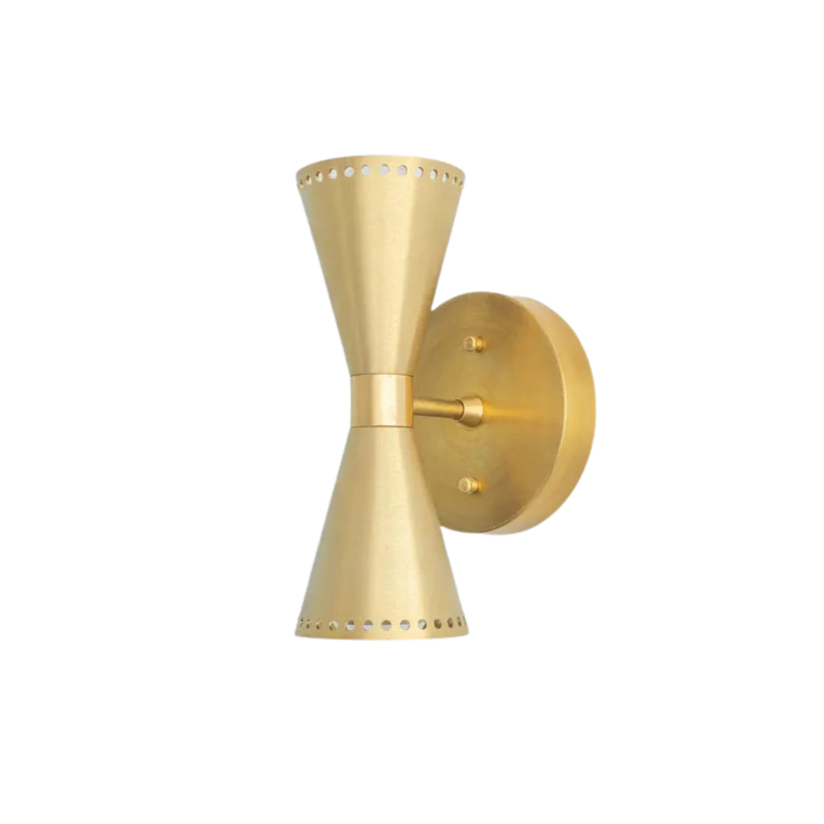 Angled view of the Orion Perforated Double Cone Wall Sconce in satin brass showing the round backplate, perforated cone shades, and handcrafted metal construction.