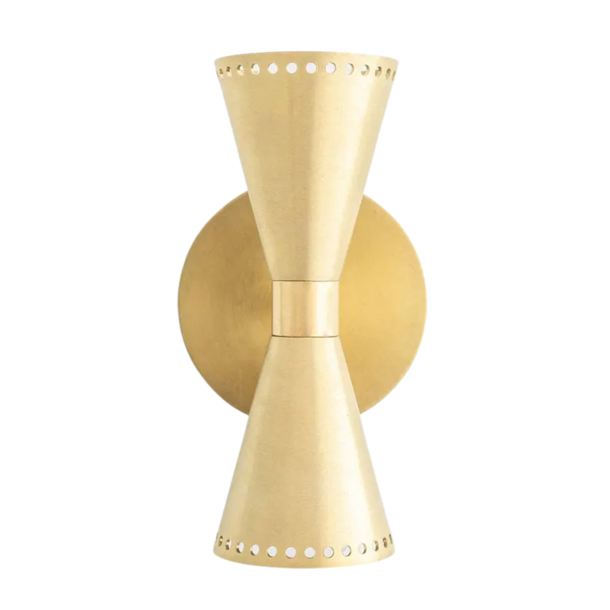 Front view of the Orion Perforated Double Cone Wall Sconce in satin brass featuring handcrafted perforated cone shades with dual up and down lighting.