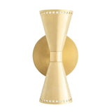 Front view of the Orion Perforated Double Cone Wall Sconce in satin brass featuring handcrafted perforated cone shades with dual up and down lighting.