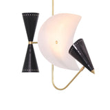 Close-up of Orion 3-light chandelier with perforated black cone shades, white curved diffuser and brass accents.