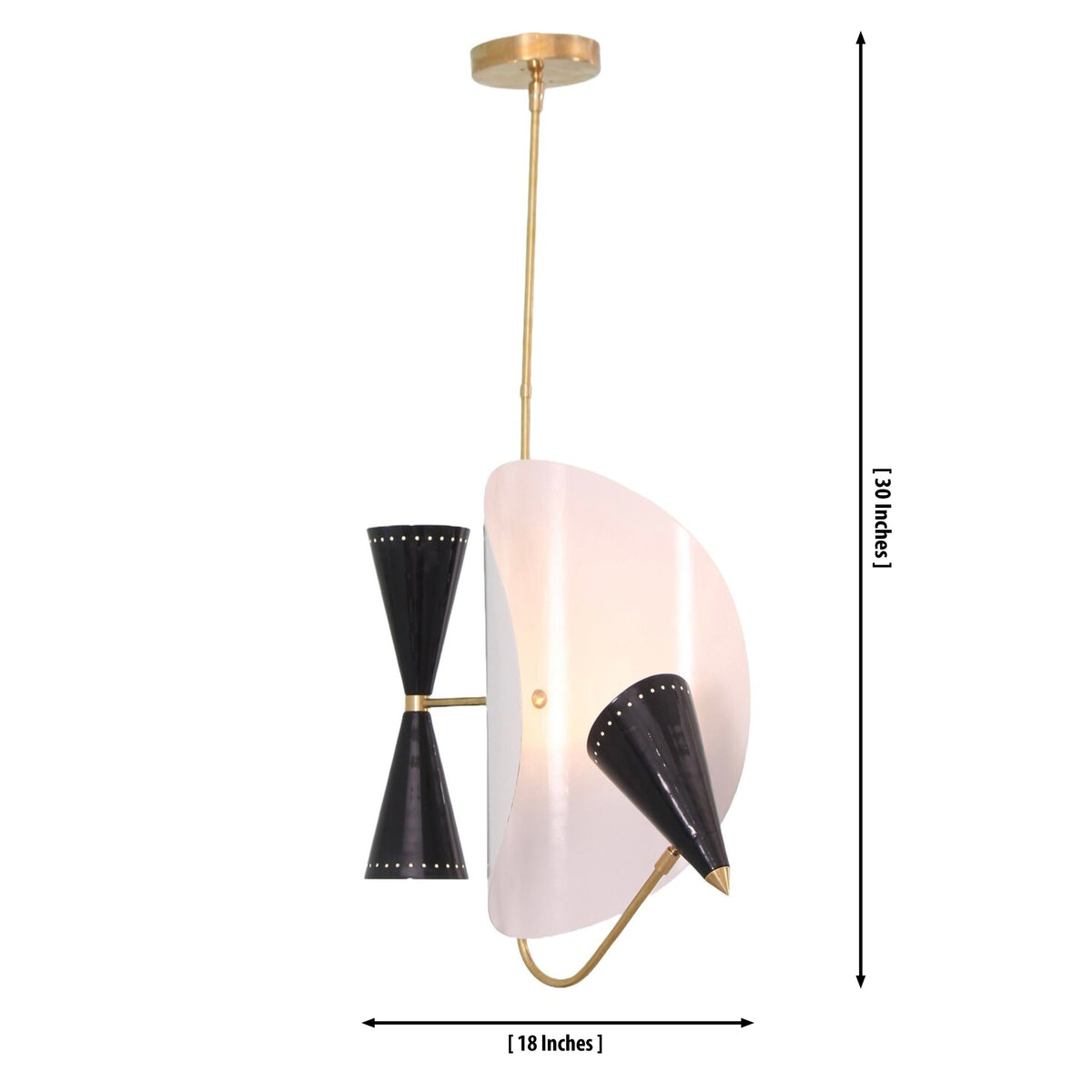 Orion 3-light sculptural chandelier dimensions showing 30-inch height and 18-inch width.