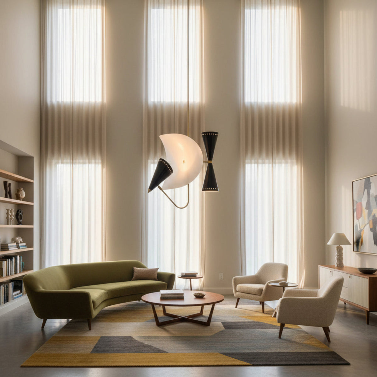 Orion 3-light sculptural chandelier with black perforated cone shades, curved white diffuser and brass frame.