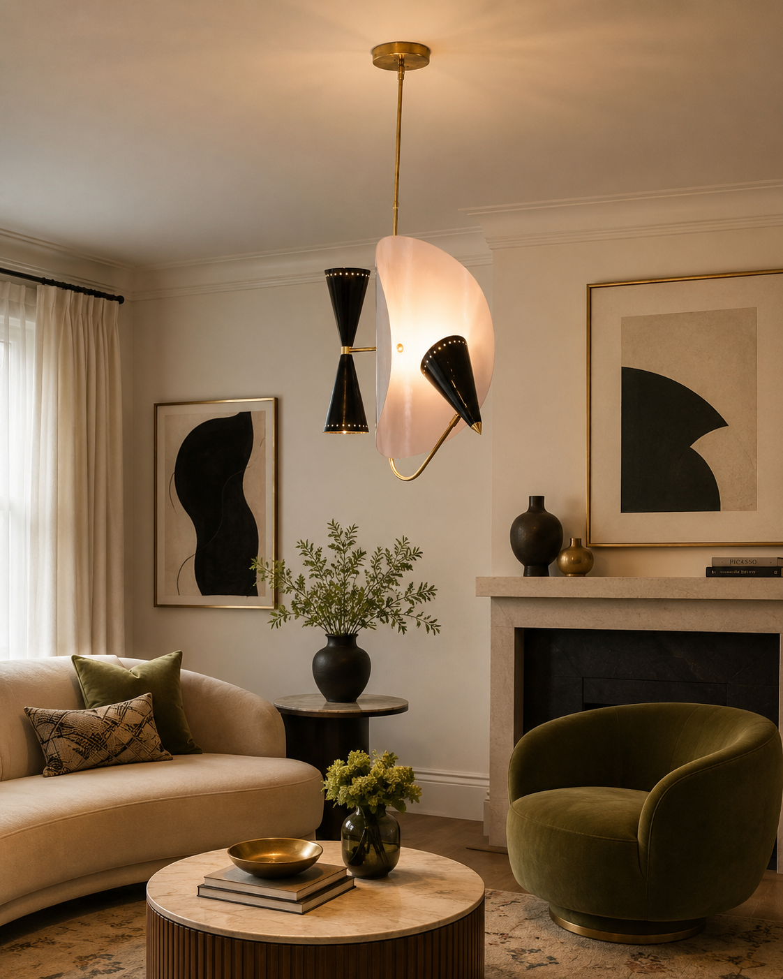 Orion 3-light sculptural chandelier displayed in an elegant modern living room with warm ambient lighting.