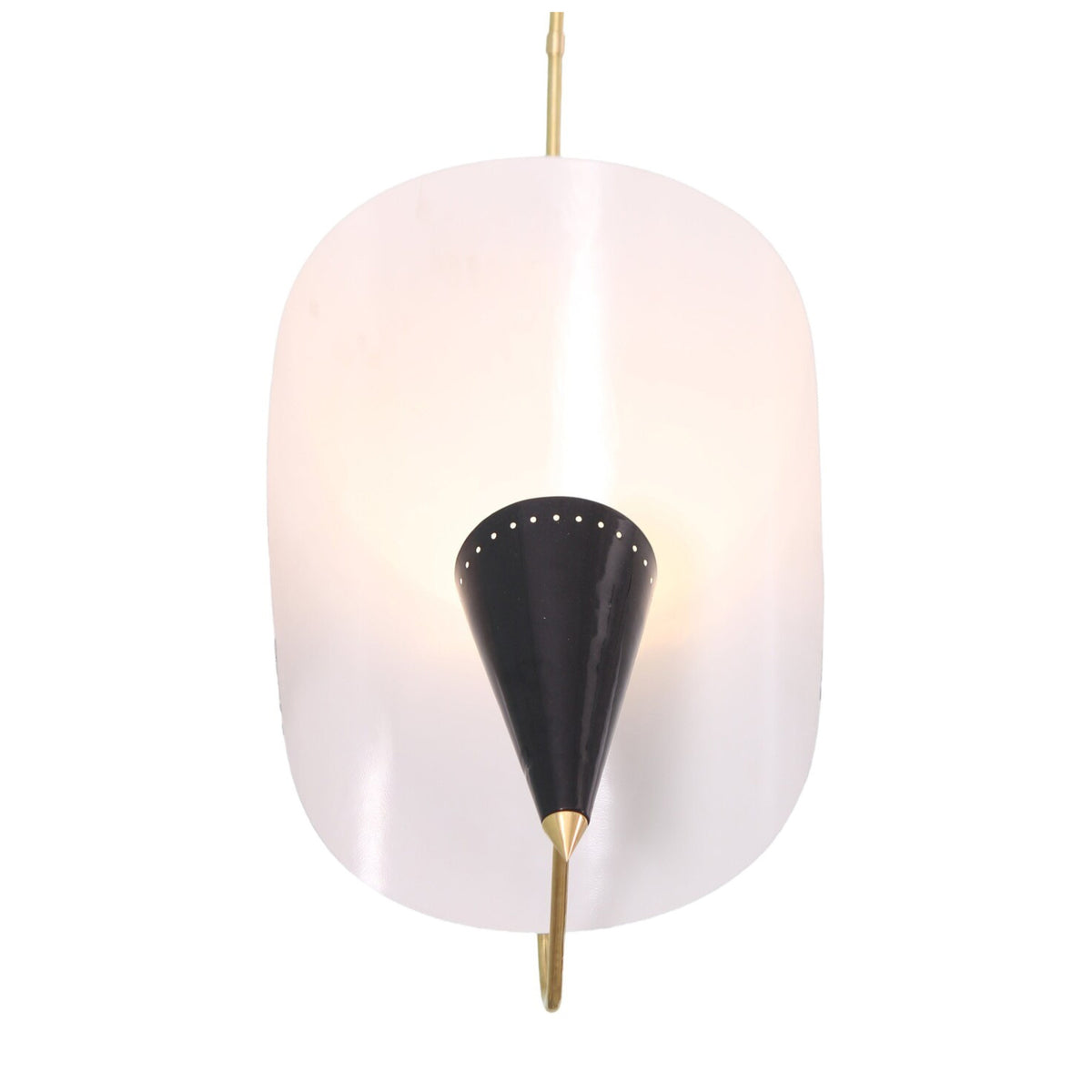 Side view of Orion 3-light chandelier featuring a sculptural white diffuser, black cone shade and brass frame.