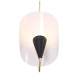 Side view of Orion 3-light chandelier featuring a sculptural white diffuser, black cone shade and brass frame.