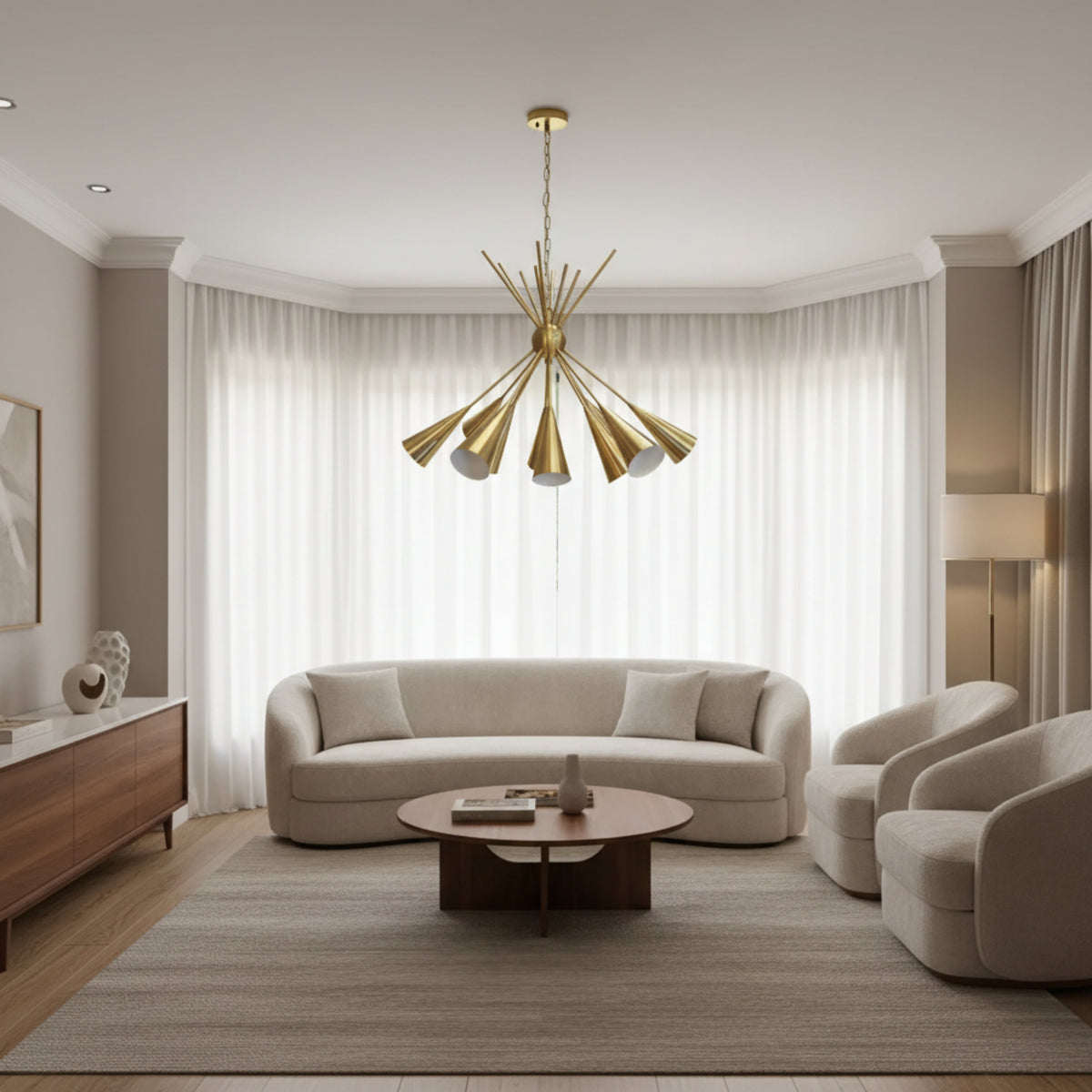 Front view of Orion 10 light starburst chandelier featuring elongated brass cone shades and radiating Sputnik-style arms.