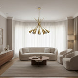 Front view of Orion 10 light starburst chandelier featuring elongated brass cone shades and radiating Sputnik-style arms.