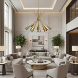 Orion 10 light Mid-Century Modern chandelier with tapered brass cone shades, central sphere and decorative starburst rods.