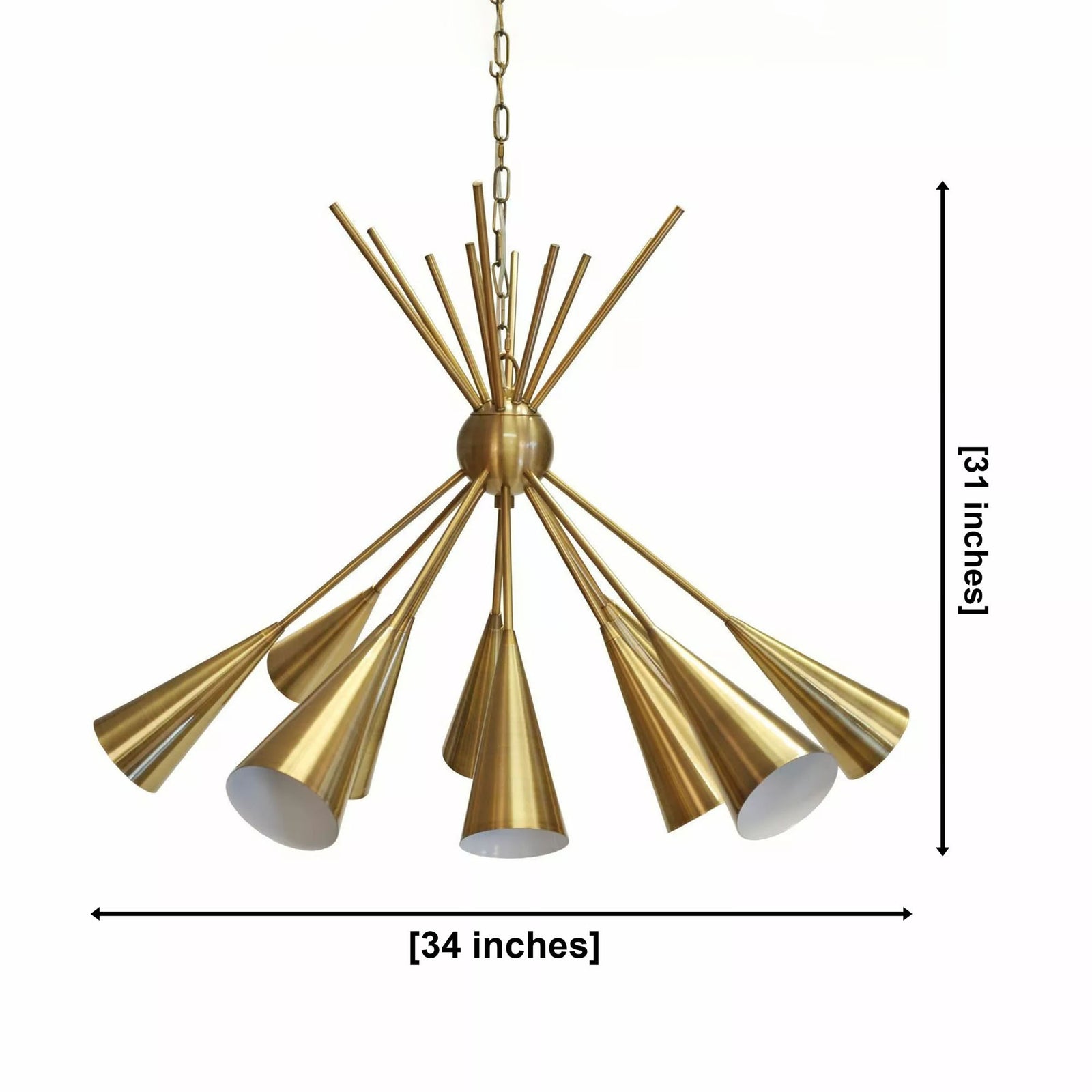 Size guide for Orion Starburst Cone Chandelier – 10 Light – 34 Inch – Model 62030