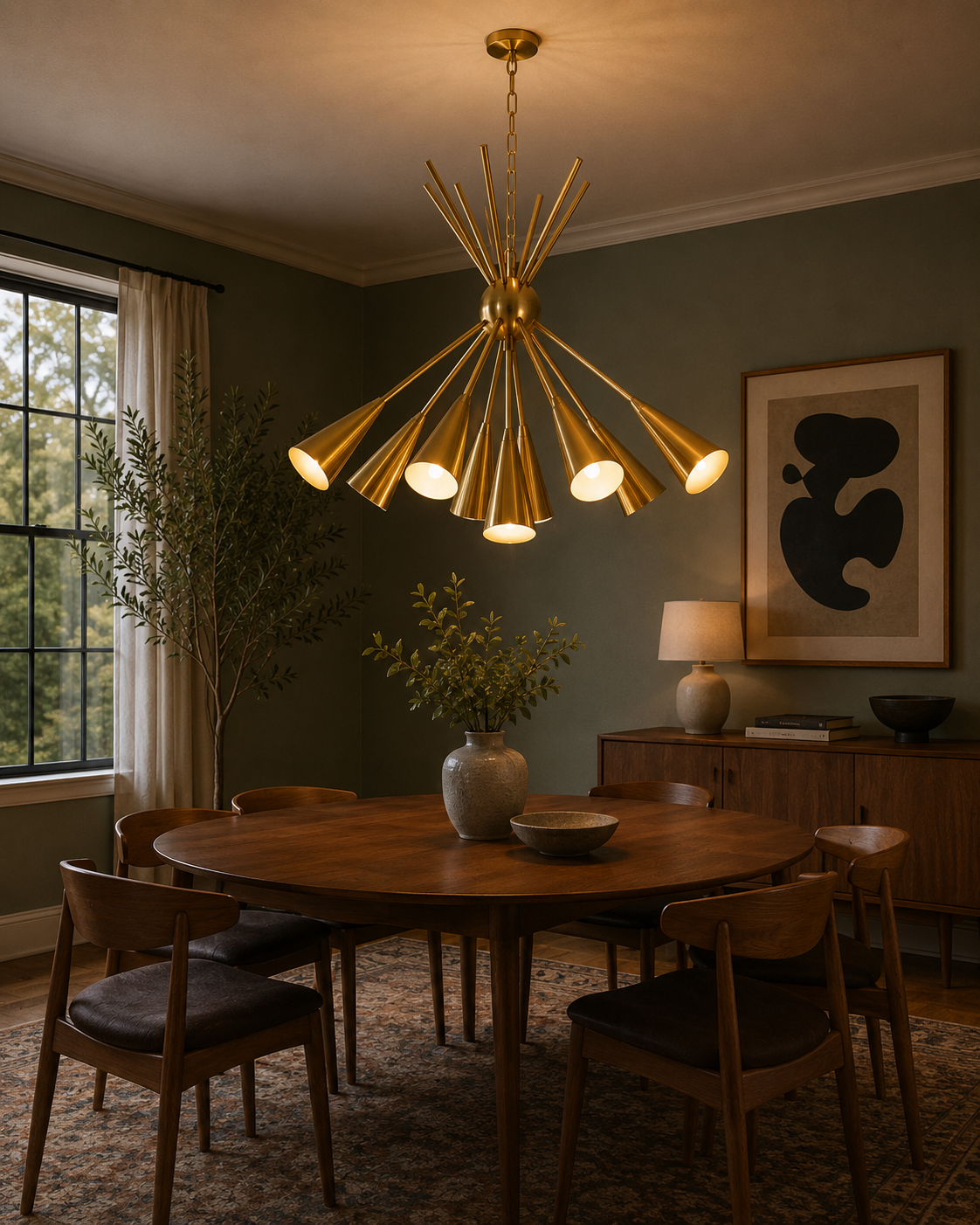 Orion 10 light brass starburst cone chandelier illuminated above a dining table in a warm Mid-Century Modern dining room.