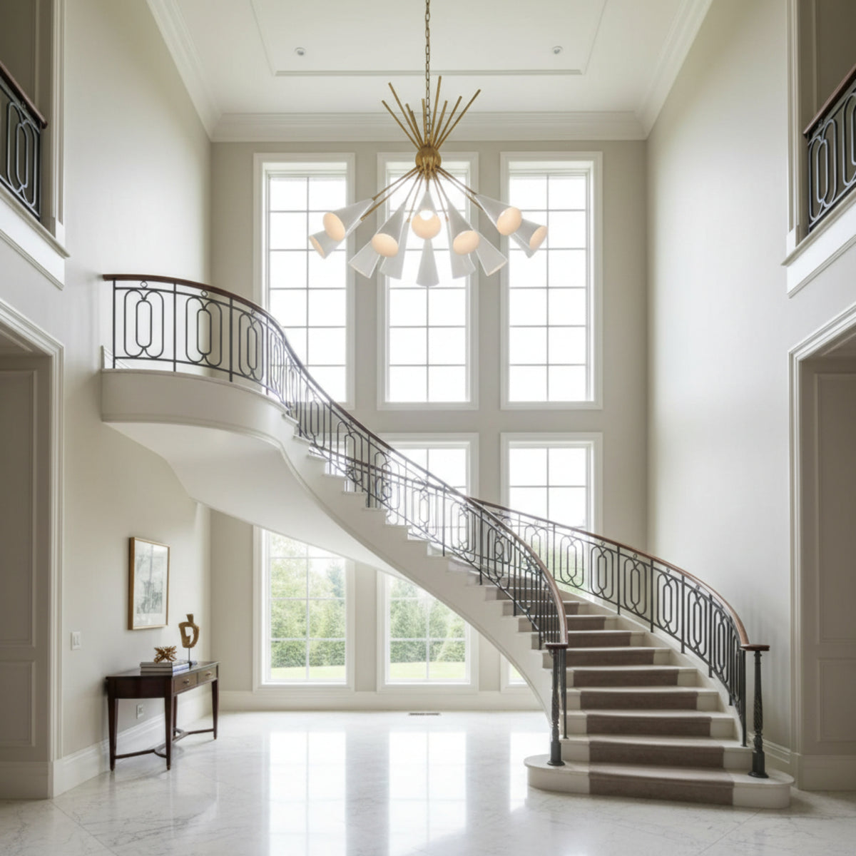 Alternate view of Orion 10 light Sputnik chandelier featuring white elongated cone shades and warm brass radial frame.